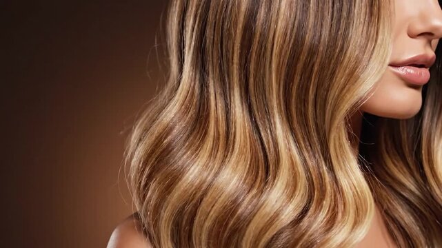 Healthy wavy hair with blonde and brown highlights beauty and hair care concept