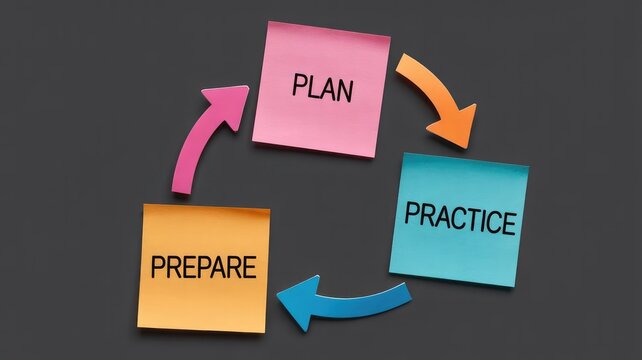 Colorful sticky notes illustrate the continuous cycle of plan prepare and practice for success