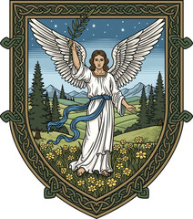 vector of an angel or archangel holding an olive branch framed by a celtic knot border for heraldry faith and protection design