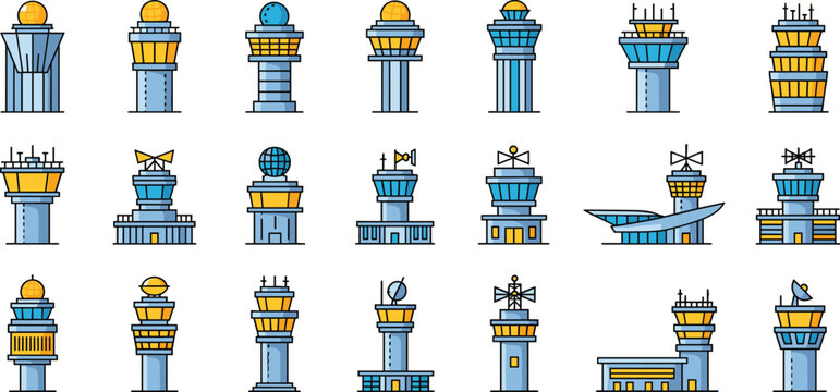 Collection of colorful airport control tower vector icons representing aviation communication, air traffic management, radar and navigation structures