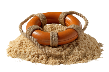 Orange lifebuoy resting on sand with thick rope
