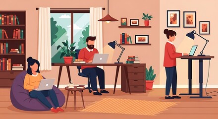 Fototapeta premium People working remotely in a cozy home office setup.