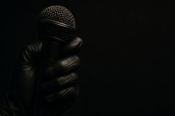 Gloved hand holding a microphone in dramatic low light against a black background.