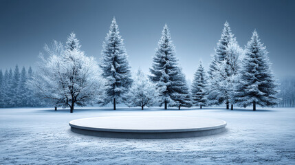 Blank round platform on snowy ground with frosted fir trees in cold winter forest under clear blue sky