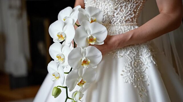 Elegant bridal gown and white orchid bouquet