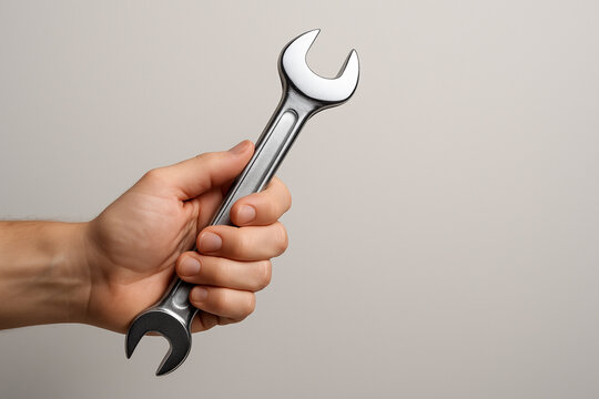 Tool time: worker's hand holding a bright, new steel wrench, ready for repair.