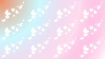 Dreamy pastel gradient background showcasing luminous white butterfly silhouettes gracefully scattered, creating an ethereal and tranquil abstract visual concept