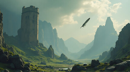 A lone ancient stone tower stands majestically in a vast, misty mountain valley under a cloudy sky, with a feather gracefully falling.