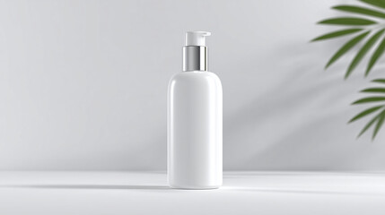 白い空間に置かれたポンプ式コスメボトルと植物の影がつくる清潔感あるイメージ
