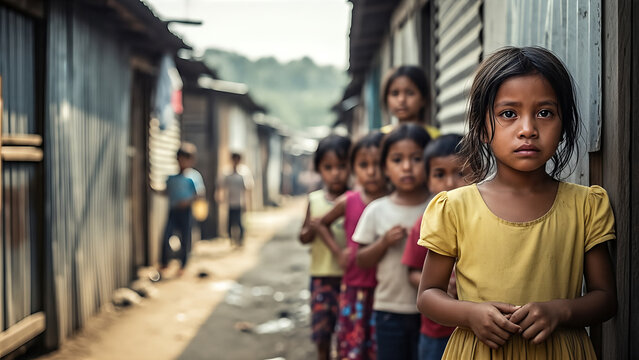 Little girl in a yellow dress stands by a metal shack crowded alley, with line of children fading into the background, portraying life in informal settlements and the need for child-focused charity.