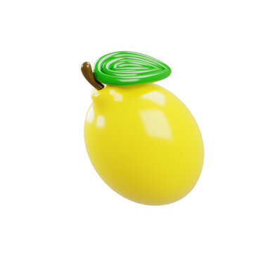 Glossy yellow lemon with a brown stem and green leaf, isolated on white, rendered in a clean modern and vibrant 3D illustration style.