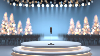 Microphone on illuminated round stage with blurred festive lights and audience seating in background, creating warm and inviting atmosphere