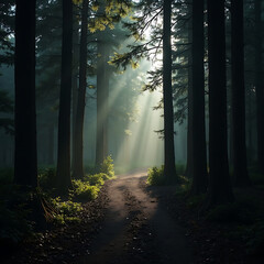 Fototapeta premium Mystical Forest Path with Dramatic Sun Rays Breaking Through Dark Canopy