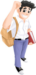 Male student greets while holding a book illustration