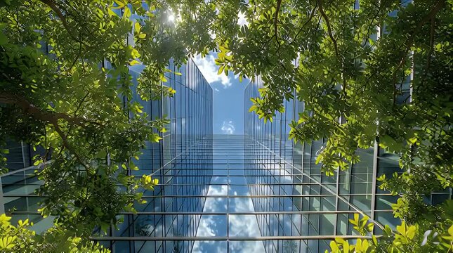 Greenery frames skyward glass skyscraper reflection