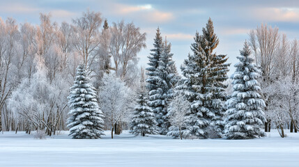 Serene winter panorama of snow draped evergreen trees and frosty birch trees under soft cloudy sky in peaceful forest