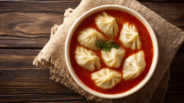 Red soup with dumplings on a wooden table background and space for text. Illustration of a menu background and food recipes.