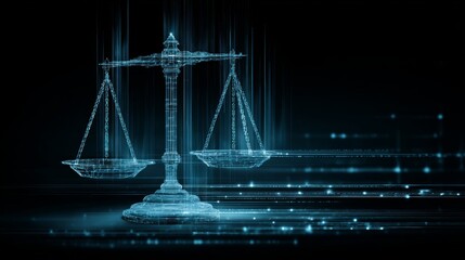Digital justice balancing scales in cyber law virtual arena infographic dark theme futuristic perspective