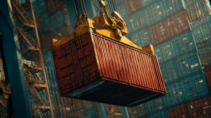 Industrial crane lifting a large red shipping container in a busy port with stacked containers.