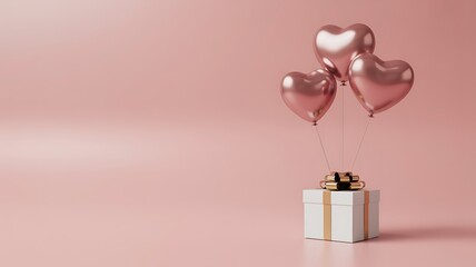 Three metallic rose gold heart shaped balloons floating above a small elegant gift box with a ribbon on a soft pink background symbolizing love and celebration