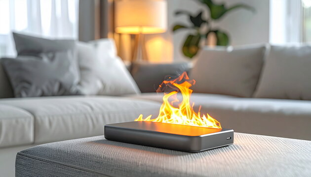 リビングルームで発火するモバイルバッテリー、リチウムイオン電池の爆発事故、火災