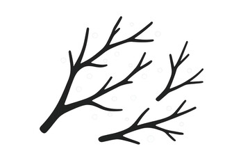 Fototapeta premium Bare tree branches with falling snow drawing, black and white winter season illustration, vector art on transparent background