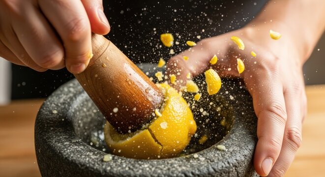 Close-up of hands crushing a lemon in a stone mortar with a pestle on a wooden surface