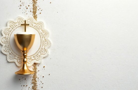 Golden chalice with cross on lace. Religious symbol for first communion invitation. Glittering particles around holy sacrament. Copy space for text.