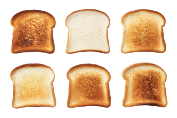 Six slices of toast, varying levels of browning