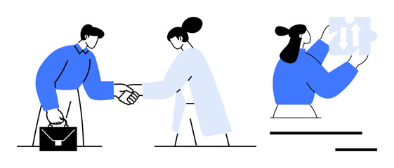 Plakat Business communication, teamwork, partnerships, problem-solving, professional relationships, innovation. People shaking hands and interacting. Business communication and teamwork concept