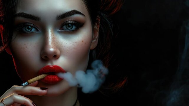 An artistic portrayal of a fashionable woman smoking a cigarette, with an elegant makeup and striking red lipstick.