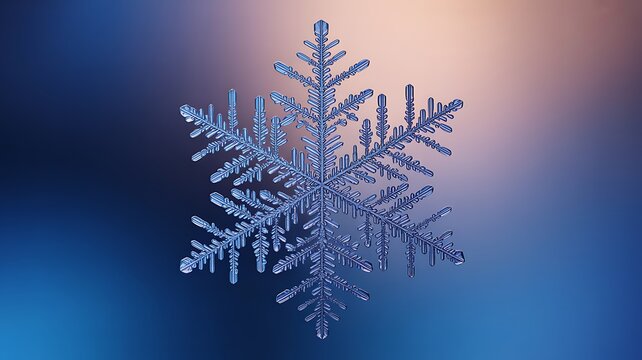 Macro photograph of a single intricate ice crystal snowflake with delicate branching arms against a soft blurred background of blue and warm light