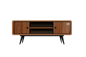 Wood cabinet with doors, shelves, and angled metal legs