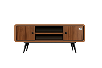 Wood cabinet with doors, shelves, and angled metal legs