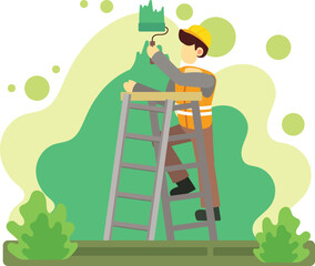 Worker painting wall from ladder illustration