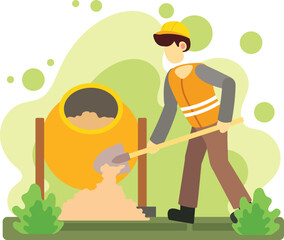 Construction worker mixing concrete with shovel illustration