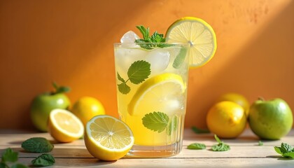 Fototapeta premium Cold lemon mint soda drink with ice in glass. Fresh lemons, apples, mint leaves on wood table. Refreshing beverage with citrus fruit and bubbles on orange background.
