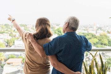 Senior couple looking out at cityscape, pointing future