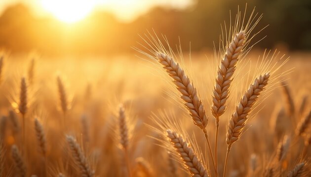 Golden wheat field at sunset. Ripe cereal crops sway in gentle breeze. Sun shines warmly on ripe grains. Peaceful natural background for harvest themes and rural life.