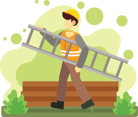 Construction worker carrying ladder at worksite illustration