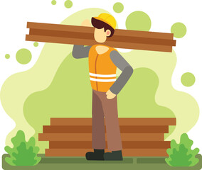 Construction worker carrying lumber in outdoor workspace illustration