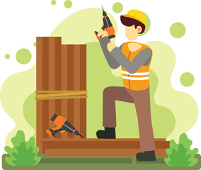 Construction worker using drill on wooden boards illustration