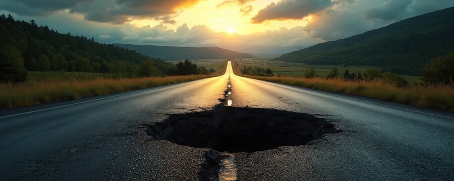 Large pothole opens in asphalt road stretching towards scenic hills at sunset. Dangerous pitfall lies ahead on country highway, demanding caution for drivers and road maintenance crews.