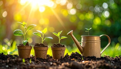 tools, young plant seedlings in biodegradable 