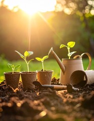 tools, young plant seedlings in biodegradable 