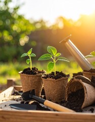 tools, young plant seedlings in biodegradable 