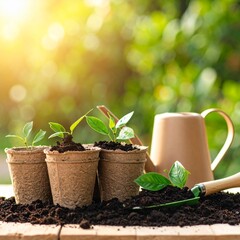 tools, young plant seedlings in biodegradable 