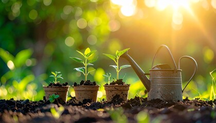 tools, young plant seedlings in biodegradable 