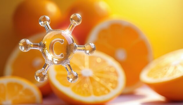 Transparent molecule model with letter C for vitamin C. Sliced oranges visible on bright background. Represents health nutrition and scientific research. Concept for medical dietary needs.