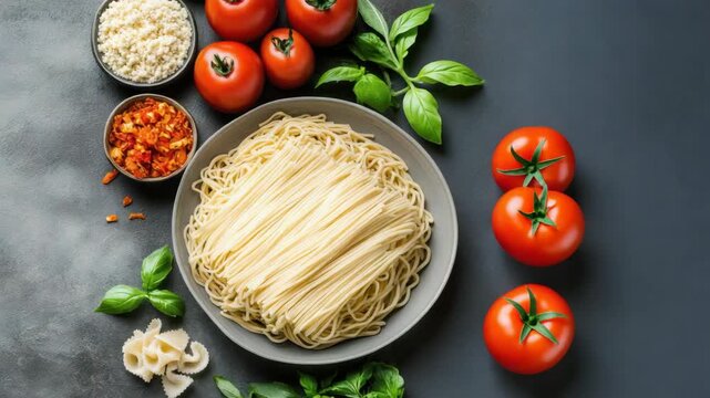 Fresh pasta nest with tomato basil cheese noodle uncooked pasta chili garlic rustic comfort
